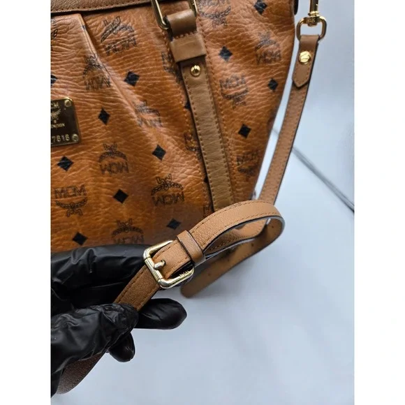 MCM Vintage Cognac Coated Canvas Leather Trimmed Shoulder Bag Tote Purse - Picture 11 of 12